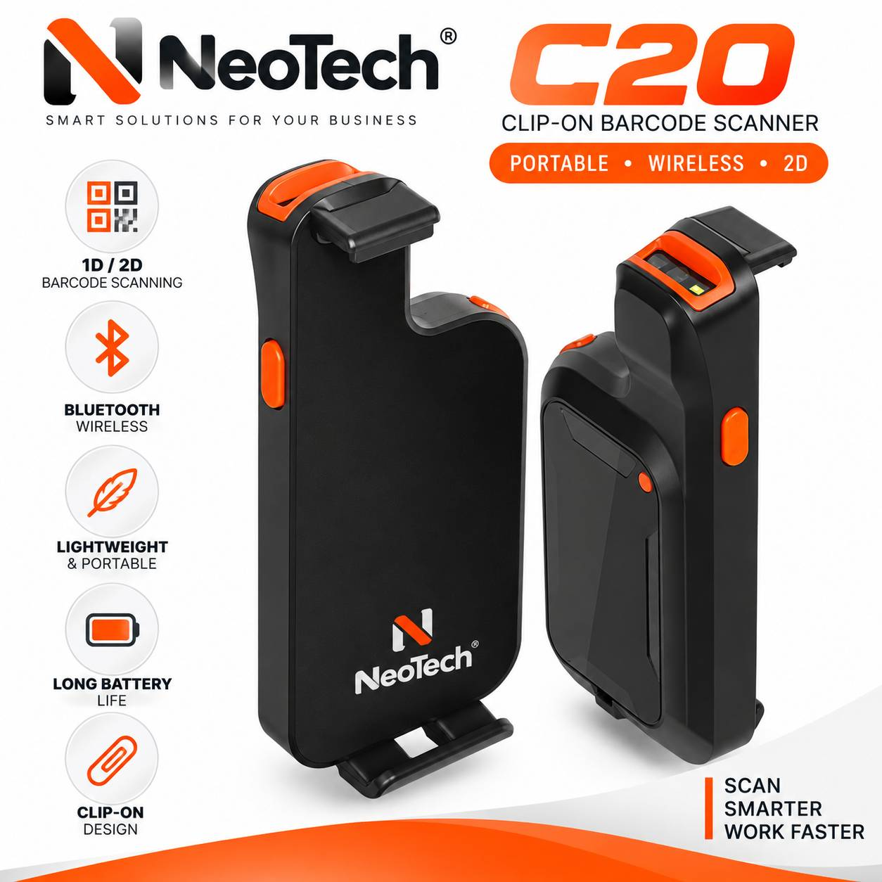 بارکد اسکنر دو بعدی گیره ای برای موبایل بلوتوثی NEO TECH C20+ PDA